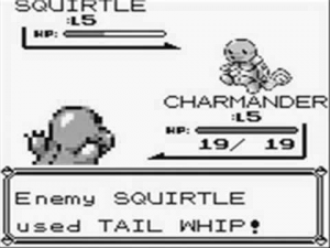 Batalla pokemon entre squirtle y charmander.  squirtle usó látigo de cola